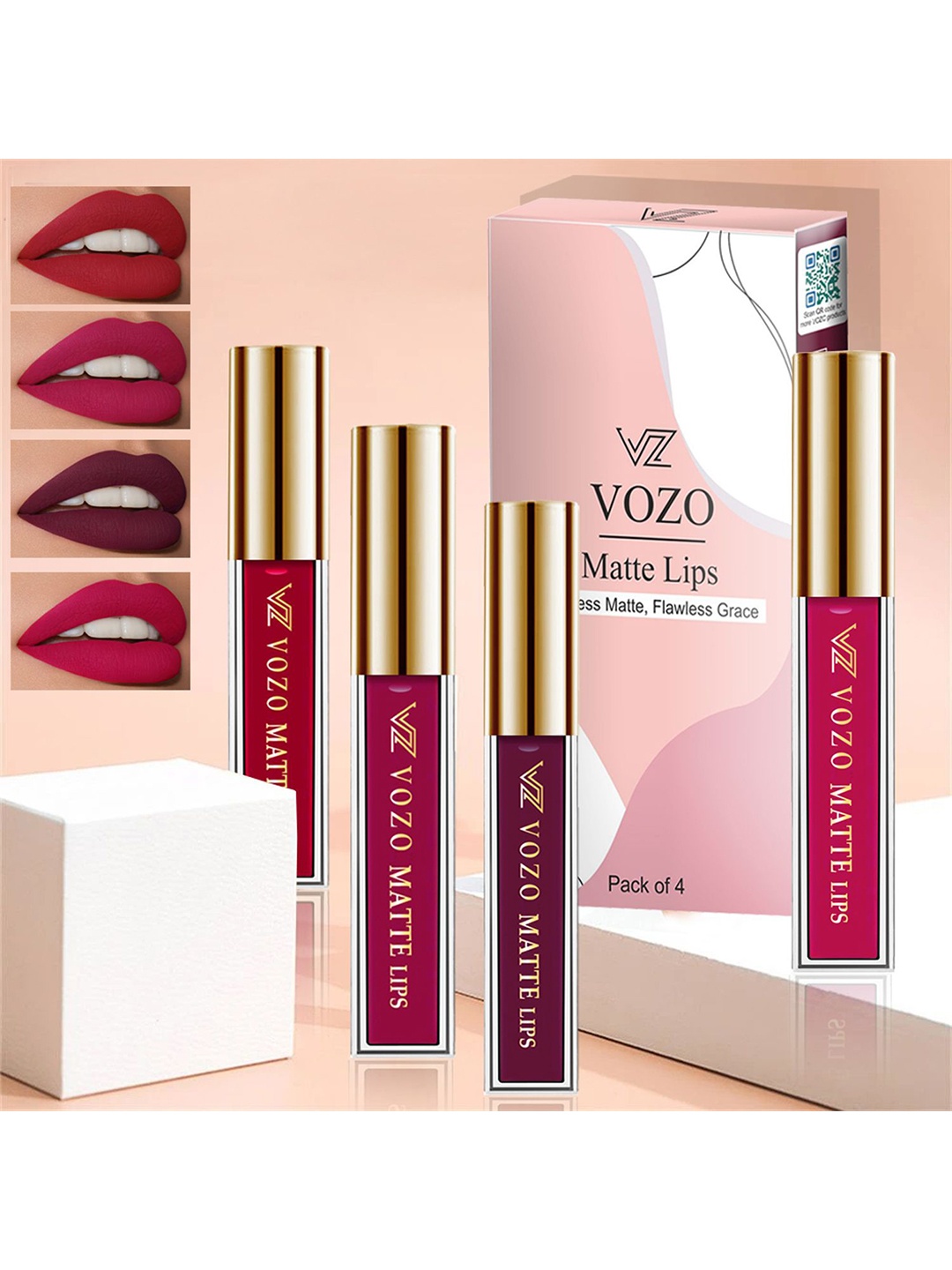 

VOZO Set Of 4 Flawless Matte Liquid Lipstick -4ml- 104-106-201-204, Red