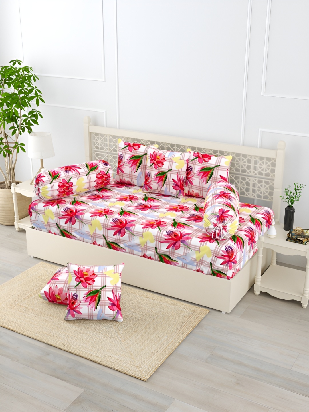 

EverHOME Pink & White8 Pieces Floral Printed Pure Cotton Diwan Set