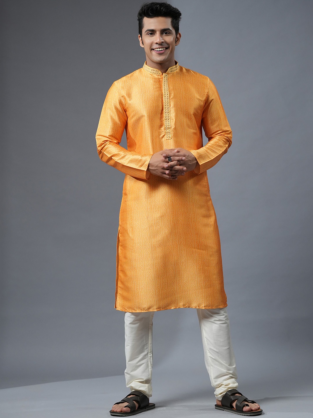 

Ethnic India Bandhani Printed Mandarin Collar Straight Kurta, Yellow