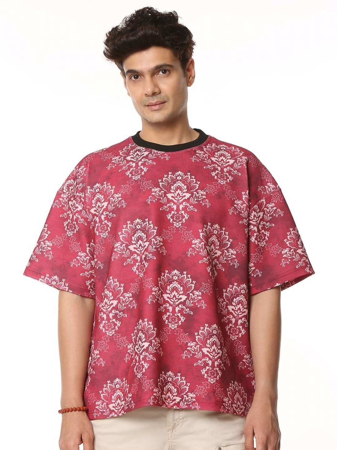 

Studd Muffyn Men Floral Printed Drop-Shoulder Sleeves T-shirt, Red