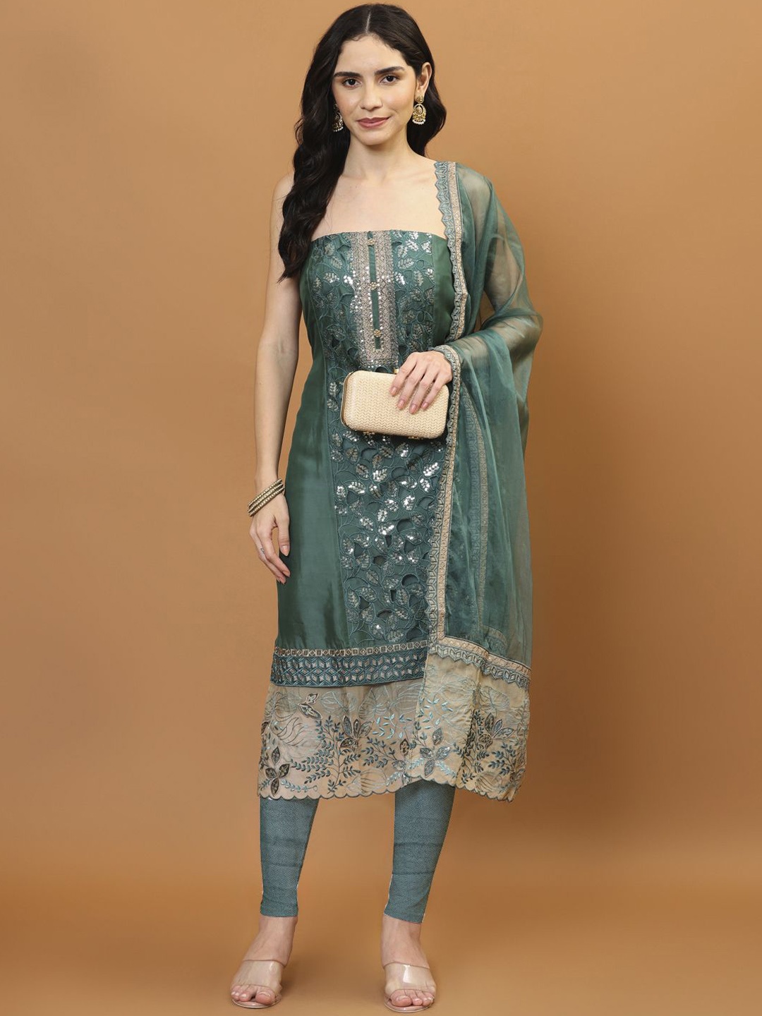 

Meena Bazaar Embroidered Organza Unstitched Dress Material, Green