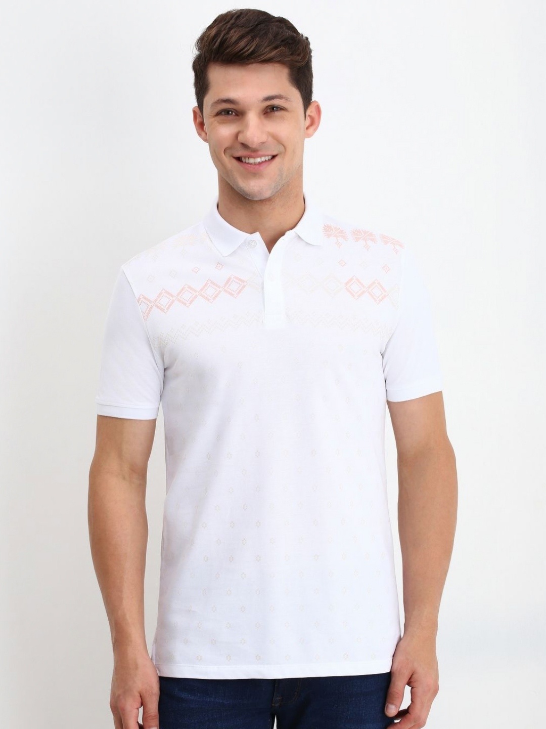 

Allen Solly Men Abstract Printed Polo Collar Cotton T-shirt, White