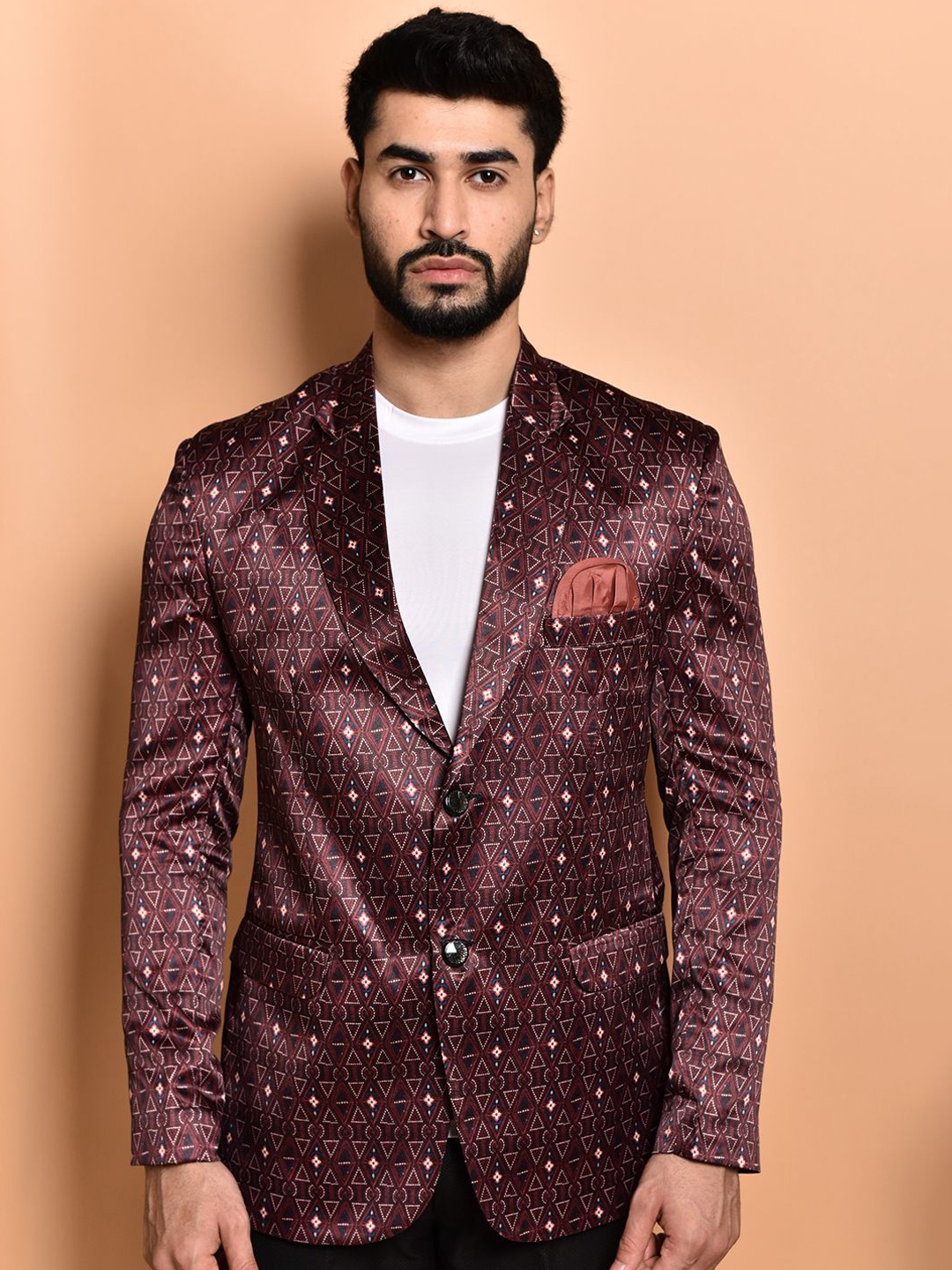 

PRINTCULTR Geometric Printed Notched Lapel Single-Breasted Blazers, Brown
