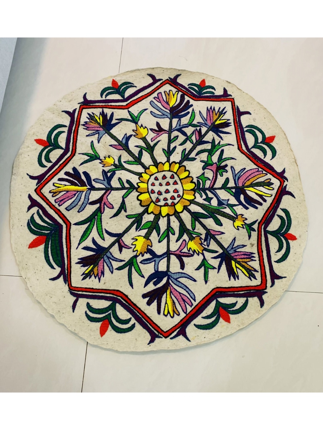 

Swadeh White & Yellow Ethnic Motifs Woollen Floor Mat