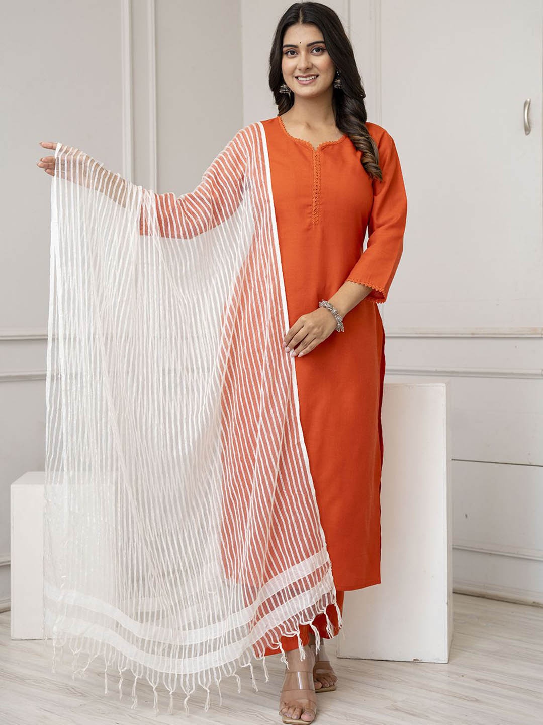 

Nayo Round Neck Straight Kurta with Trousers & Dupatta, Orange