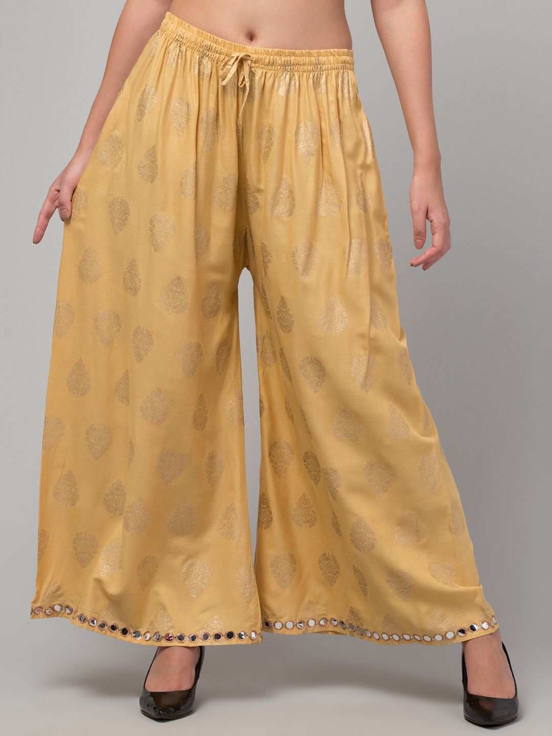 

FAMBEE Women Ethnic Motifs Printed Flared Knitted Palazzos, Gold