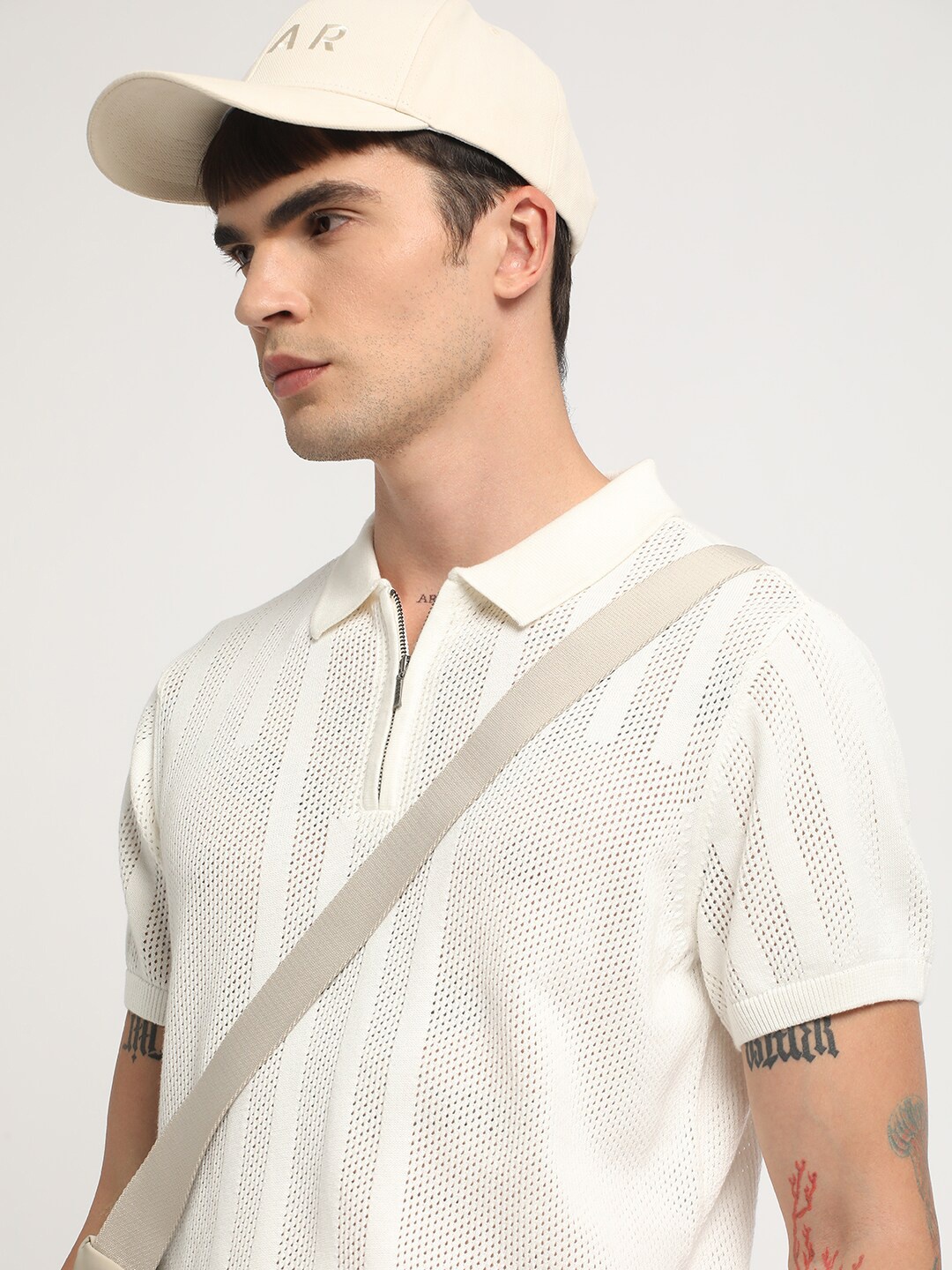 

THE BEAR HOUSE Self Design Relaxed Fit Cotton Polo Collar T-shirt, White