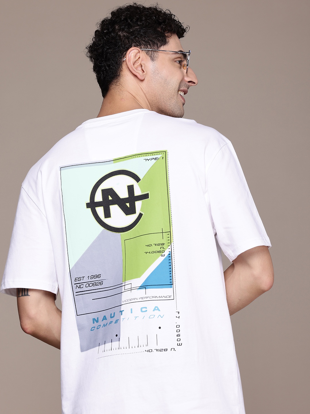 

Nautica Printed Drop-Shoulder Sleeves Pure Cotton T-shirt, White