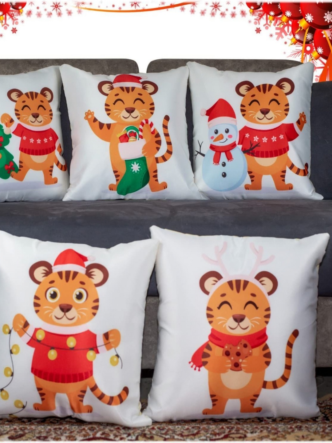 

Vendola White 5 Pieces Cartoon Characters Printed Satin Square Cushion Covers With Fillers