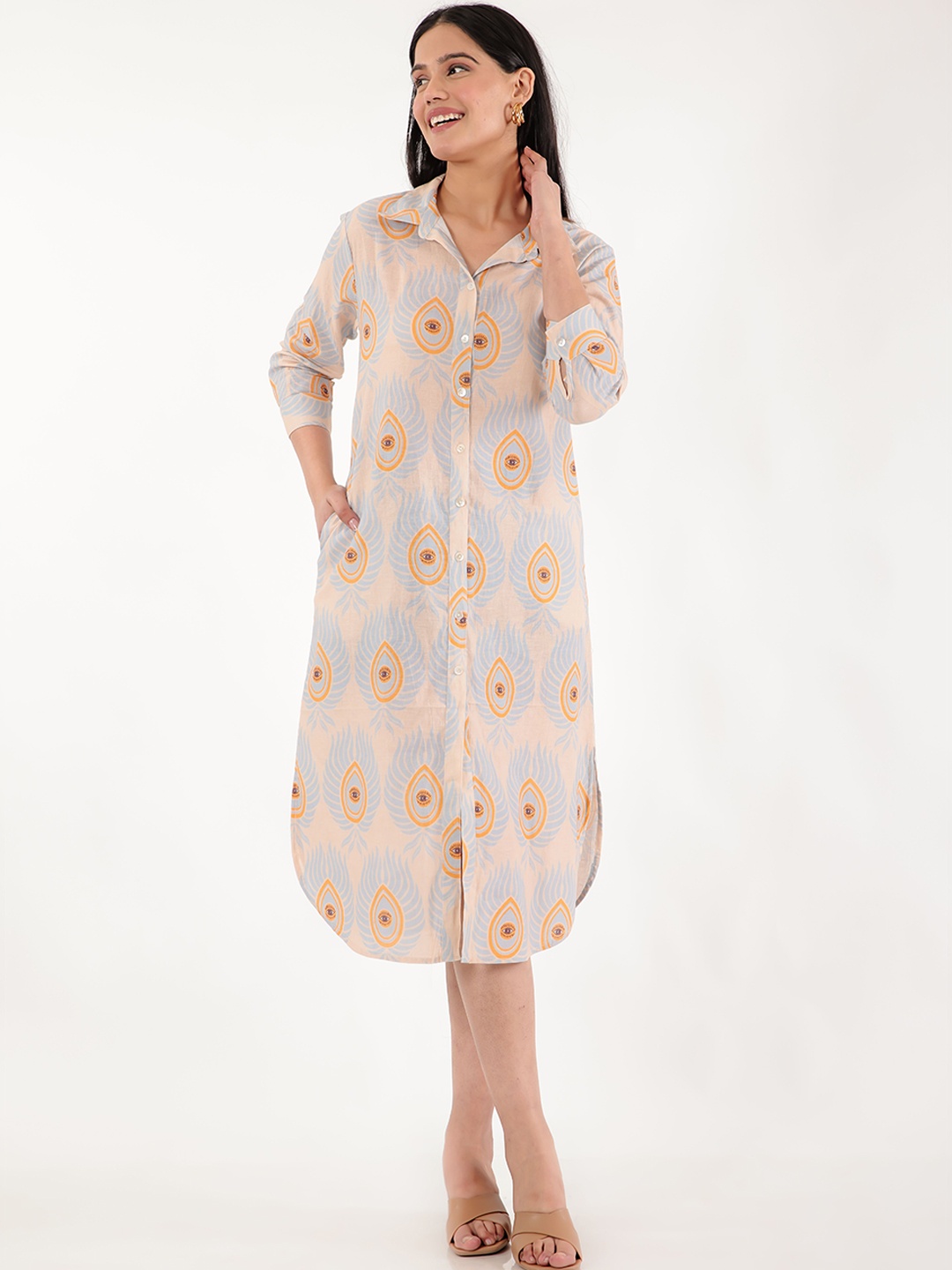 

WESTIFIED Evil Eye Printed Cuffed Sleeves Cotton Shirt Midi Dress, Blue