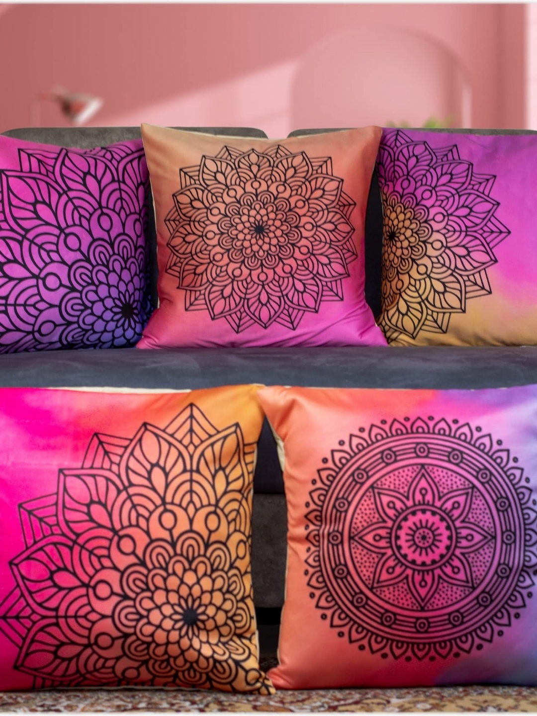 

Vendola Purple & Yellow 5 Pieces Ethnic Motifs Printed Satin Square Cushion Covers