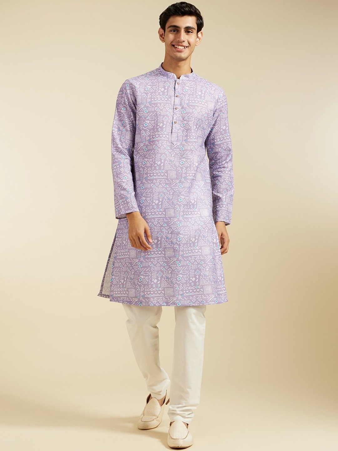 

Diwas by Manyavar Geometric Printed Mandarin Collar Cotton Straight Kurta, Purple