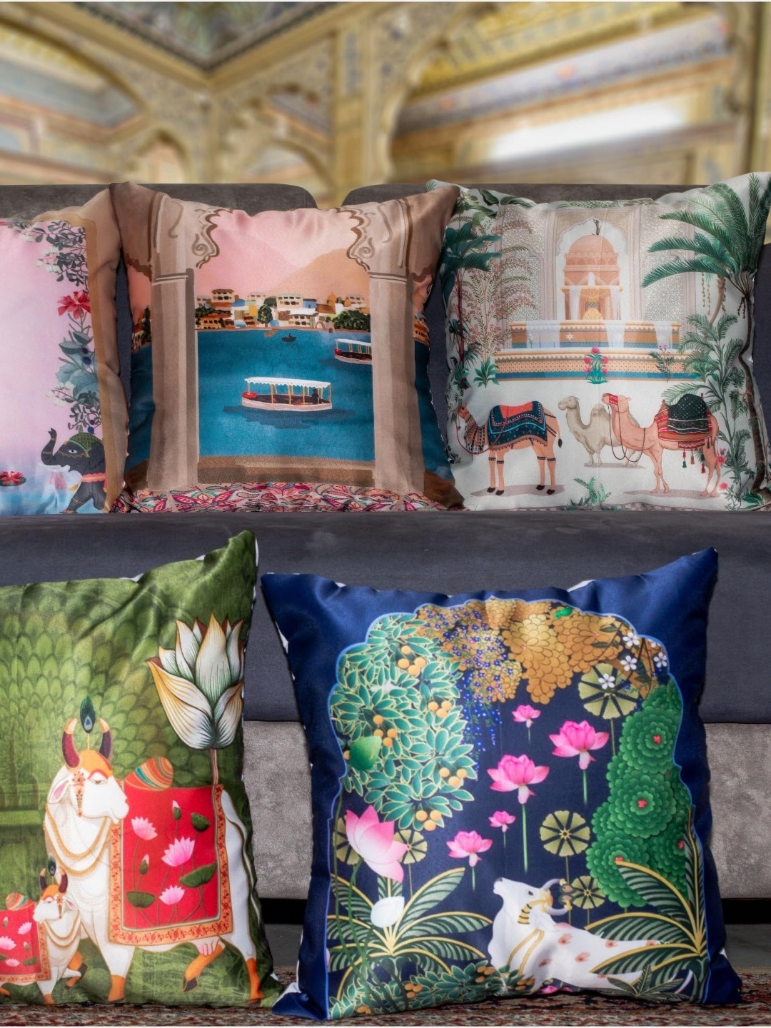 

Vendola Blue & Pink 5 Pieces Ethnic Motifs Satin Square Cushion Covers
