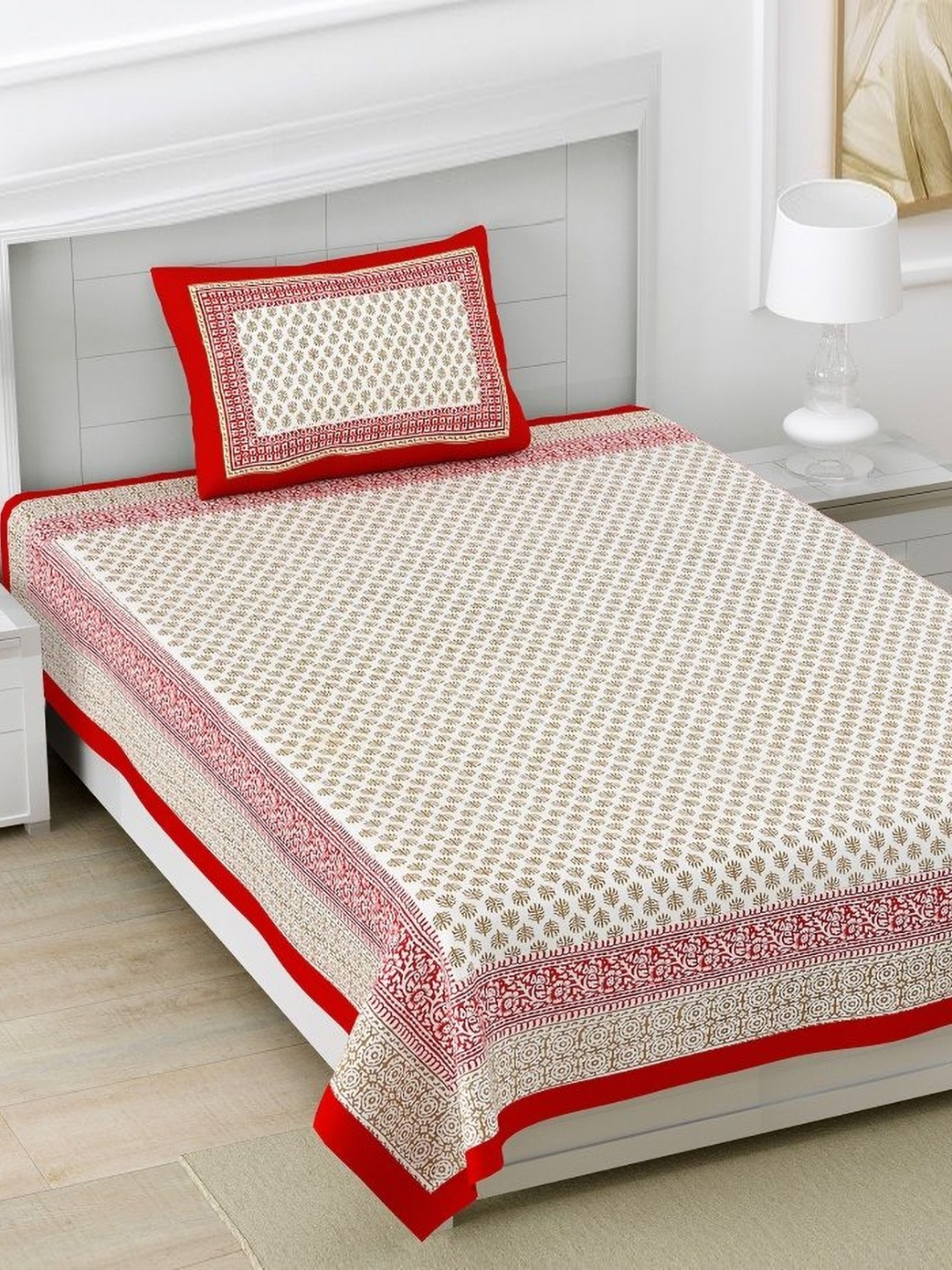 

HOMELINE Red & White Ethnic Motifs 160 TC Cotton Single Bedsheet with 1 Pillow Cover