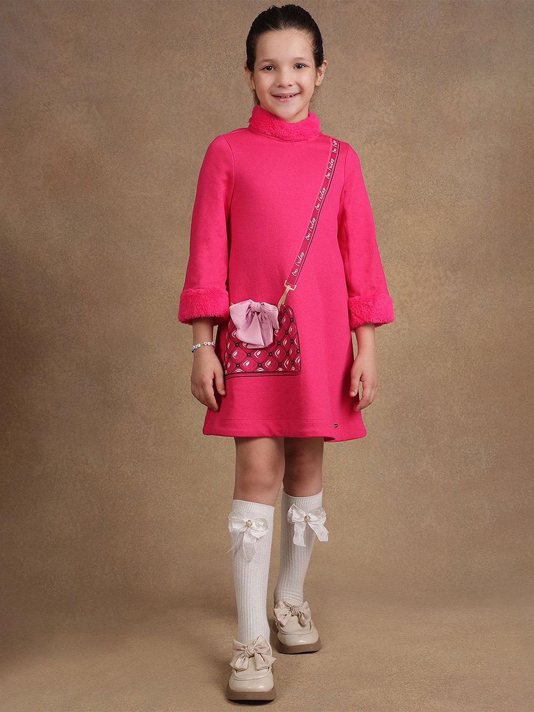 

One Friday Girls Solid High Neck A-Line Dress, Pink
