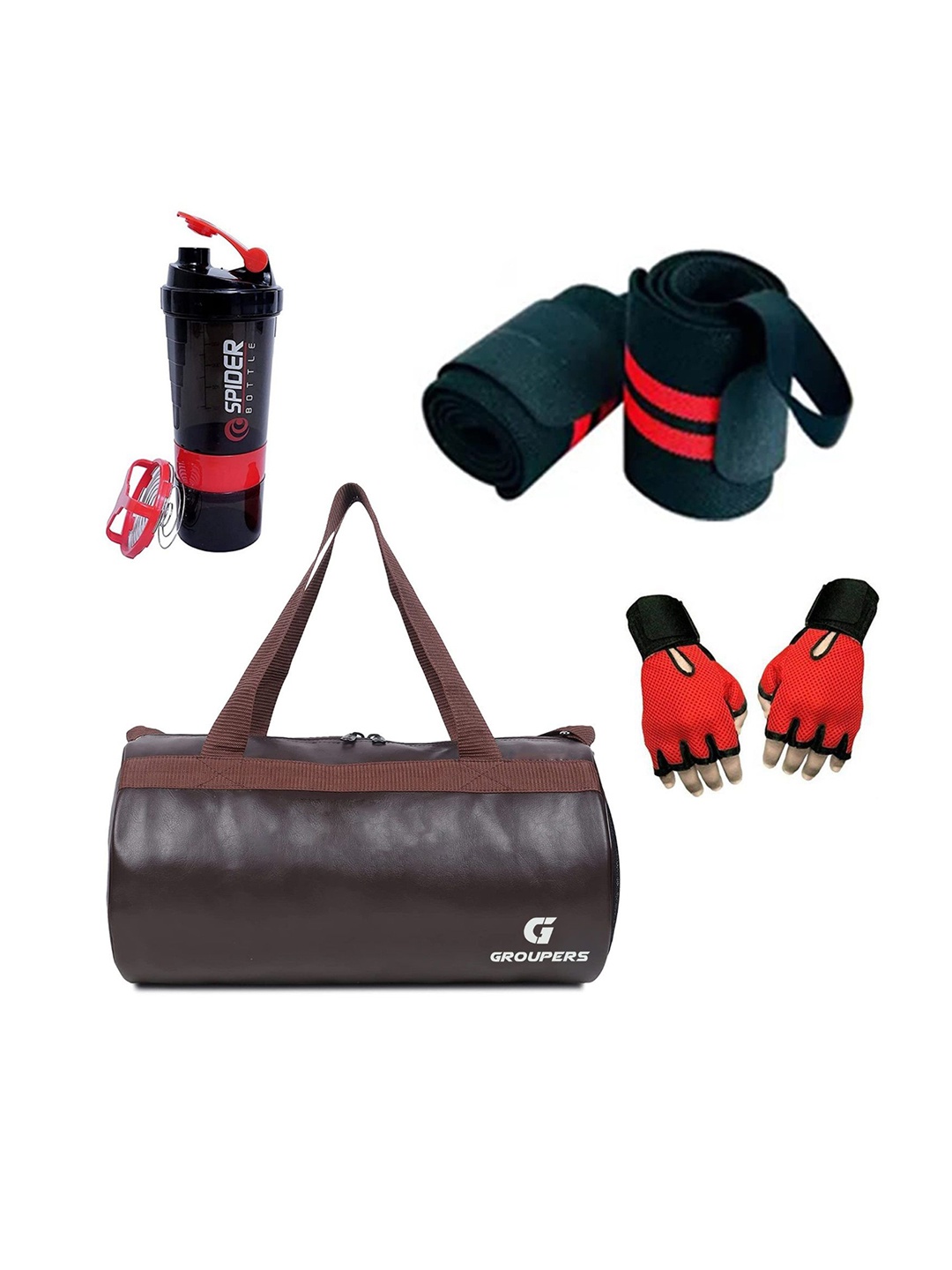 

GROUPERS Medium Foldable Sports Duffel Bag With Gloves Wrist Bag & Shaker Bottle, Brown