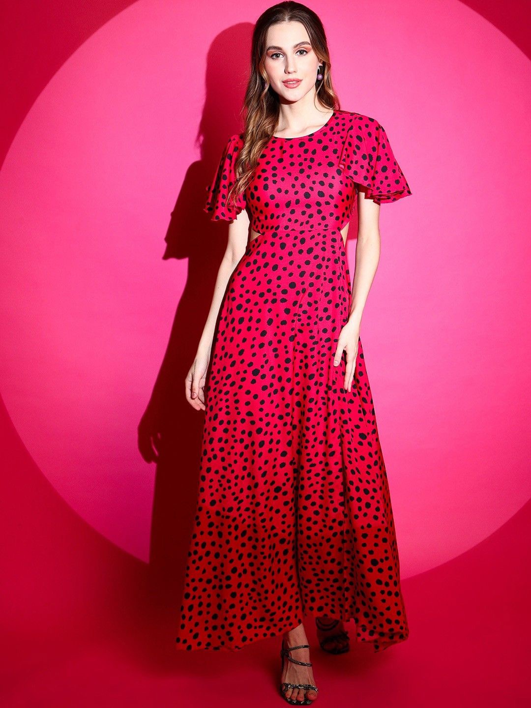 

Urban Komfort Polka Dot Print Flutter Sleeve Maxi Dress, Red