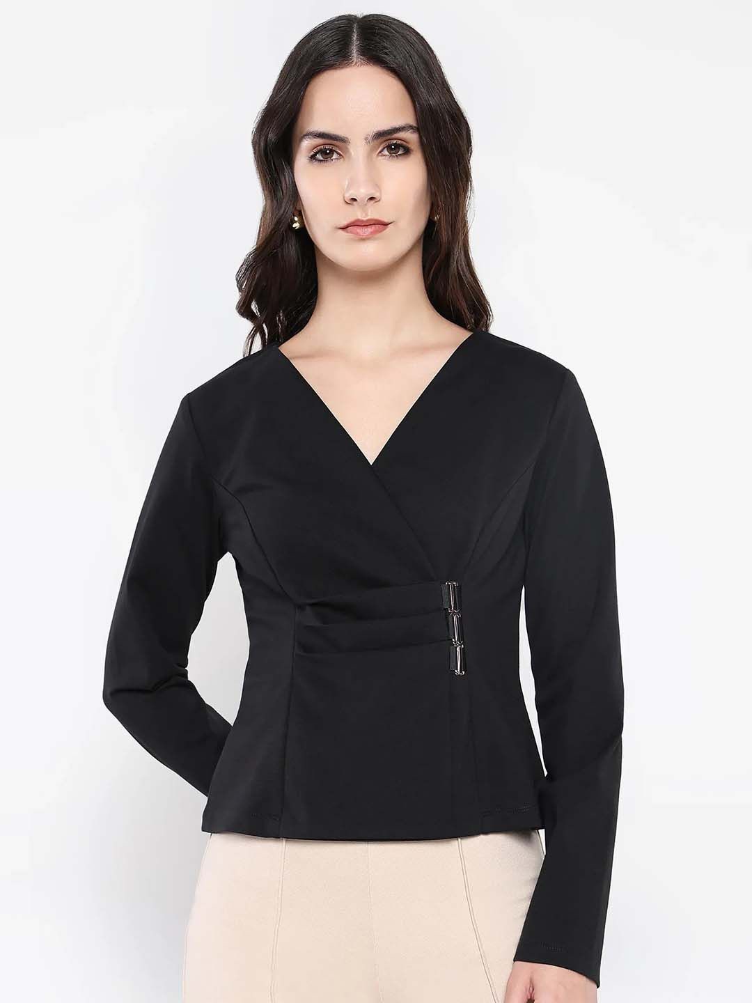 

RAREISM Women Solid V-Neck Cotton Top, Black