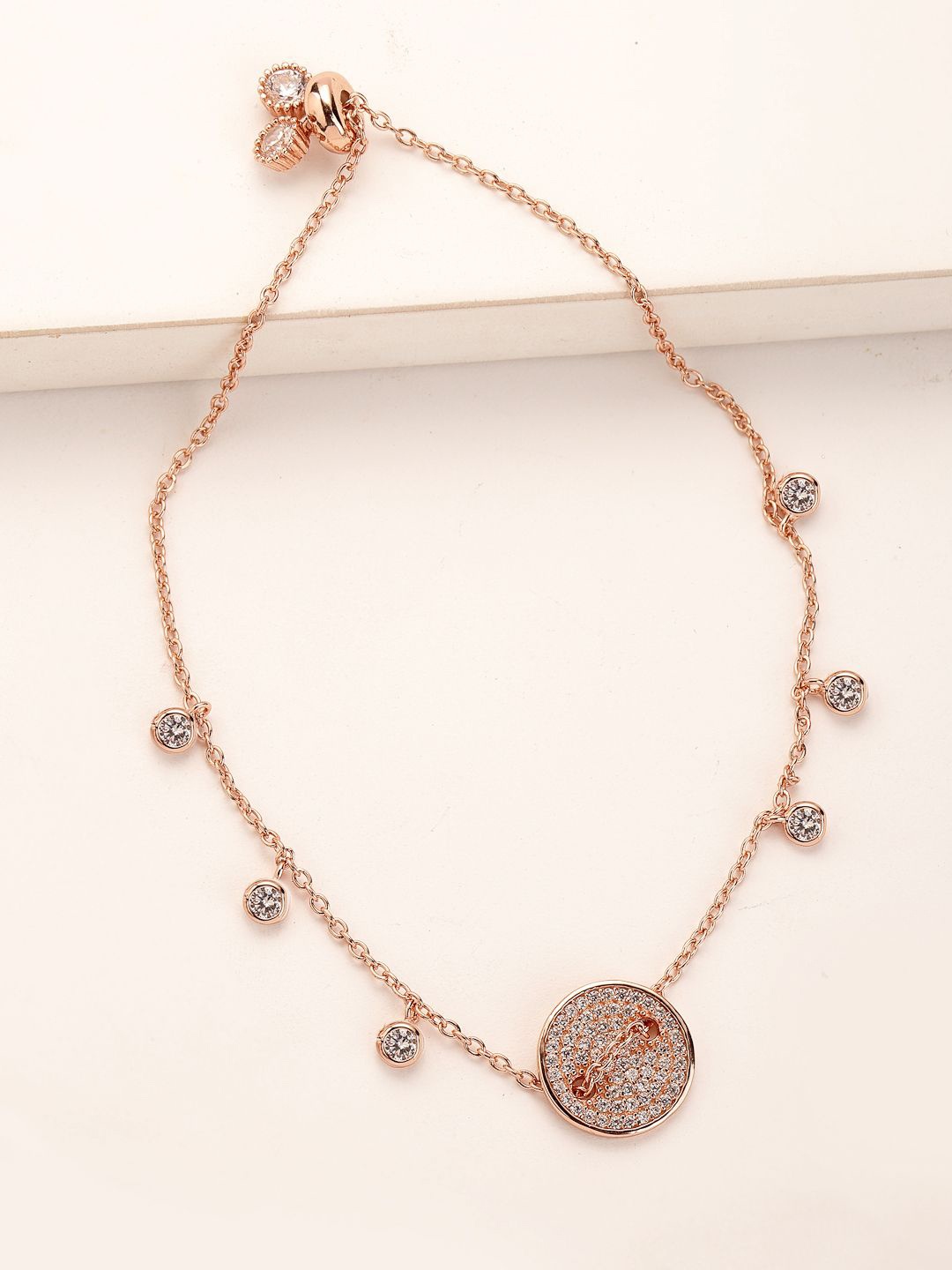 

PANASH 925 Sterling Silver Rose Gold-Plated Cubic Zirconia Studded Charms Bracelet