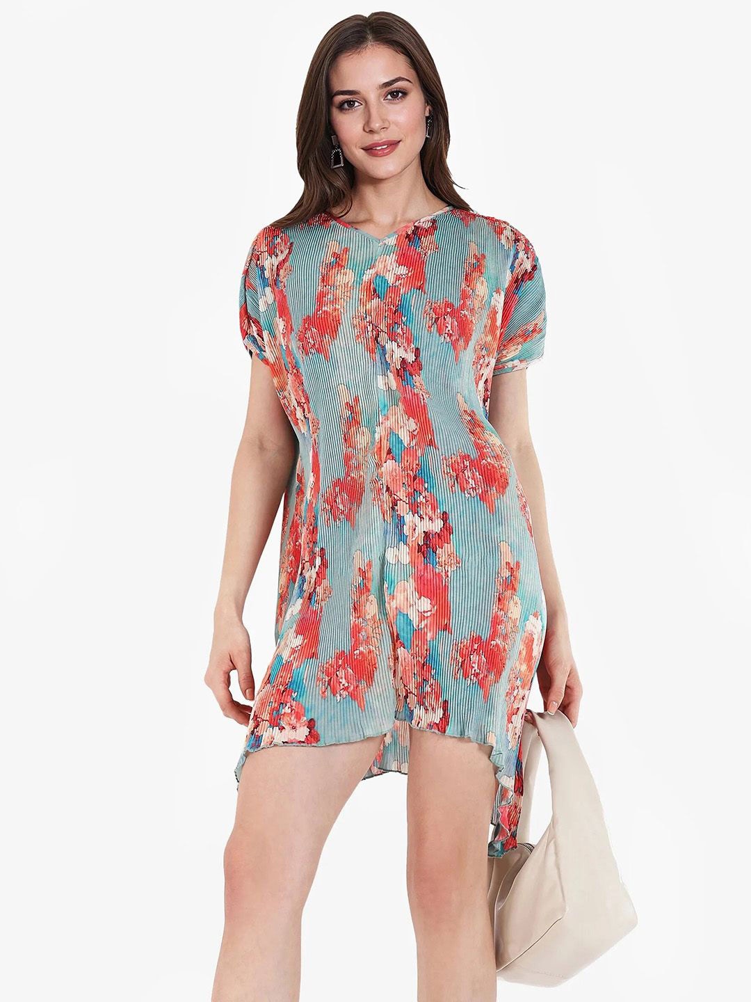 

RAREISM Women Floral Printed A-Line Mini Dress, Orange