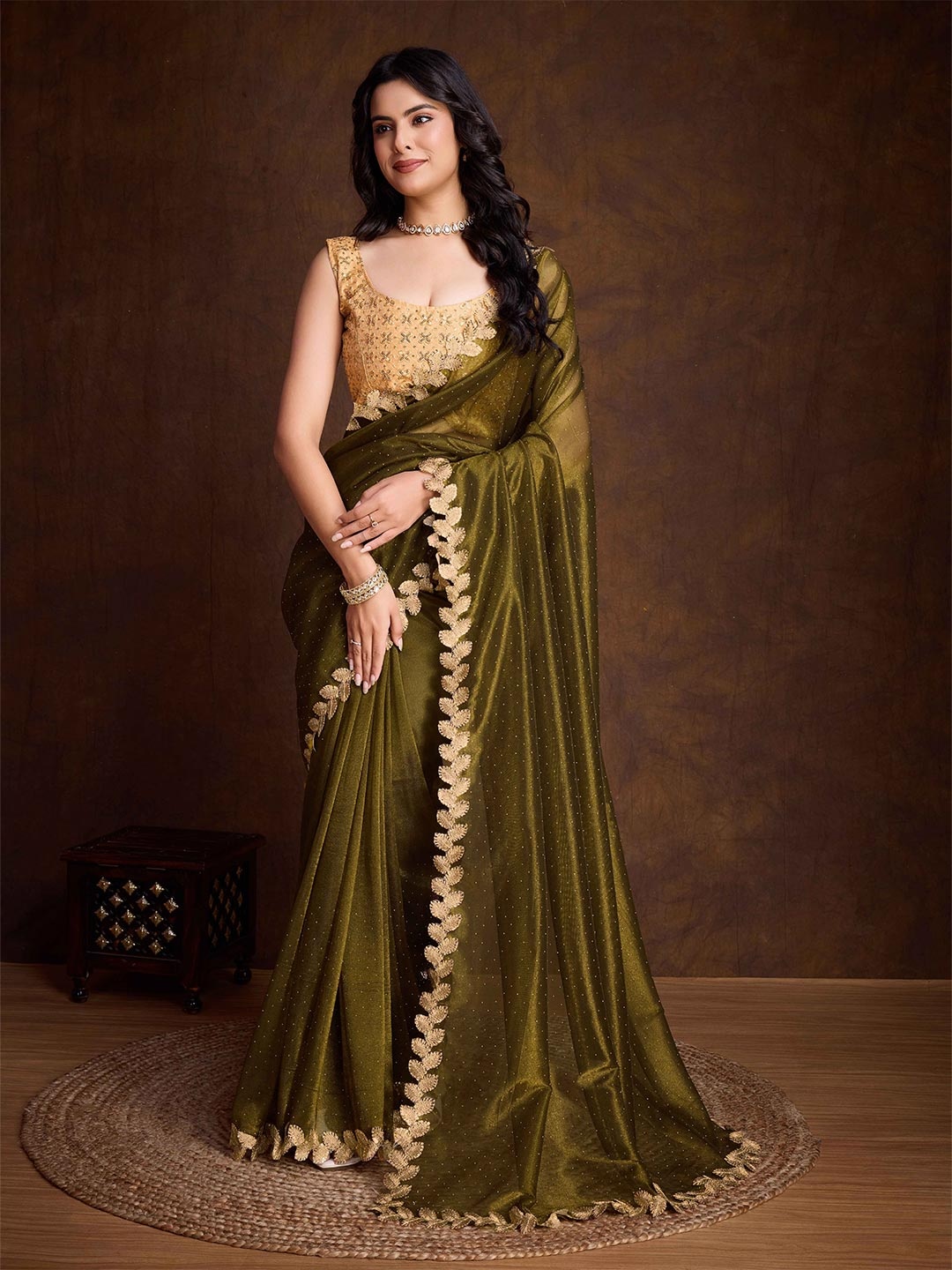 

Mitera Embellished Beads and Stones Net Saree, Olive