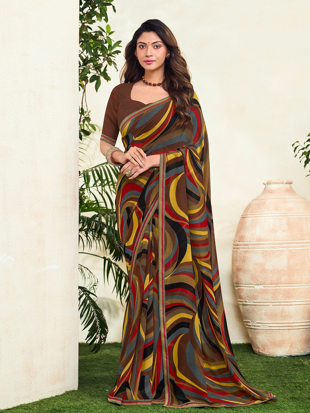 

Laxmipati Embroidered Poly Georgette Saree, Brown