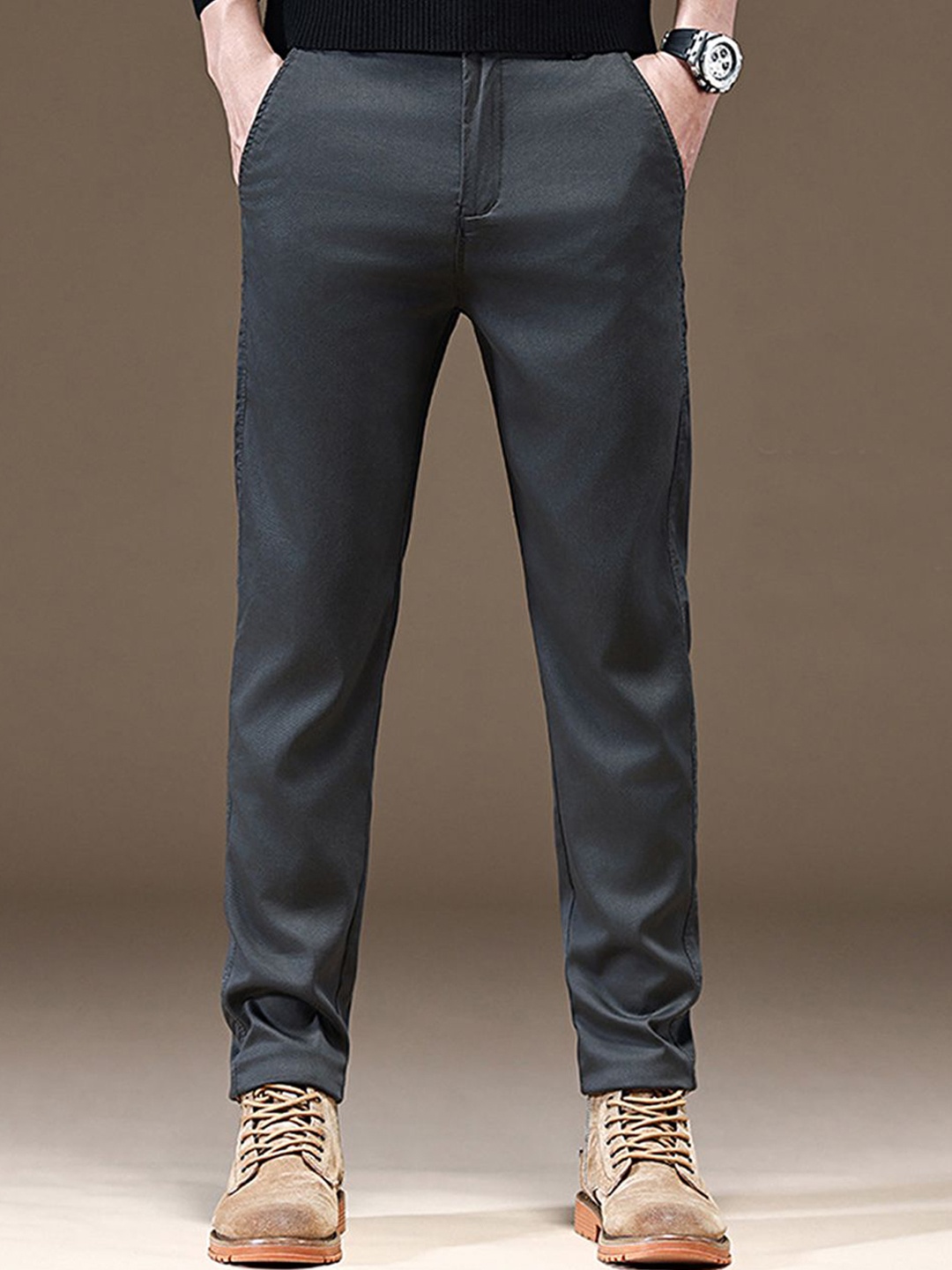 

StyleCast x Revolte Men Solid Mid-Rise Trousers, Grey