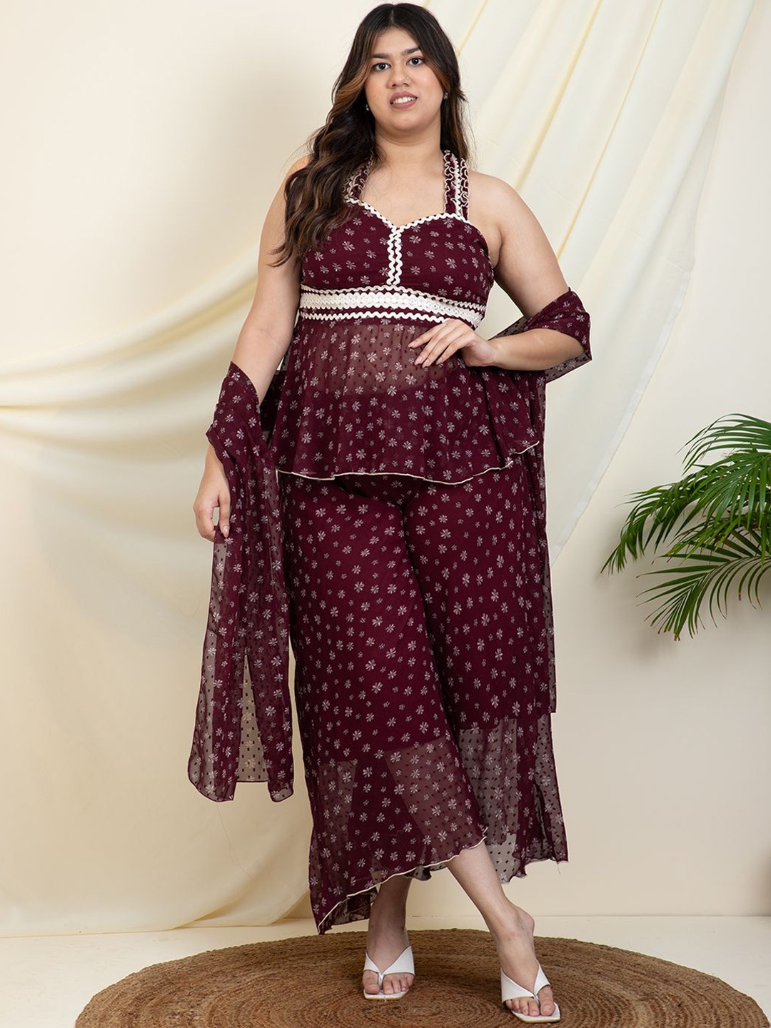 

DEEBACO Plus Size Floral Printed Peplum Top With Palazzo & Duppatta, Maroon