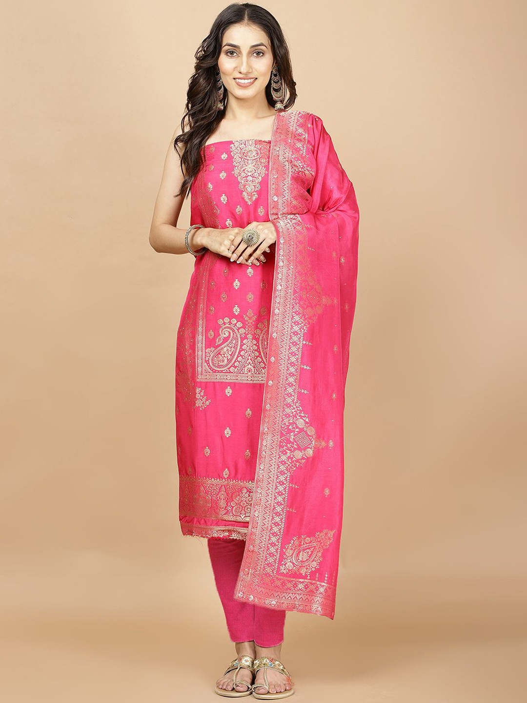 

Meena Bazaar Ethnic Motifs Woven Design Zari Unstitched Dress Material, Pink