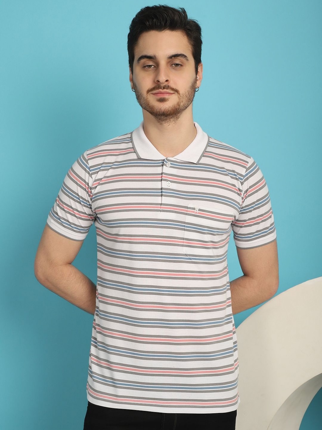 

VENITIAN Men Striped Polo Collar Cotton T-shirt, White