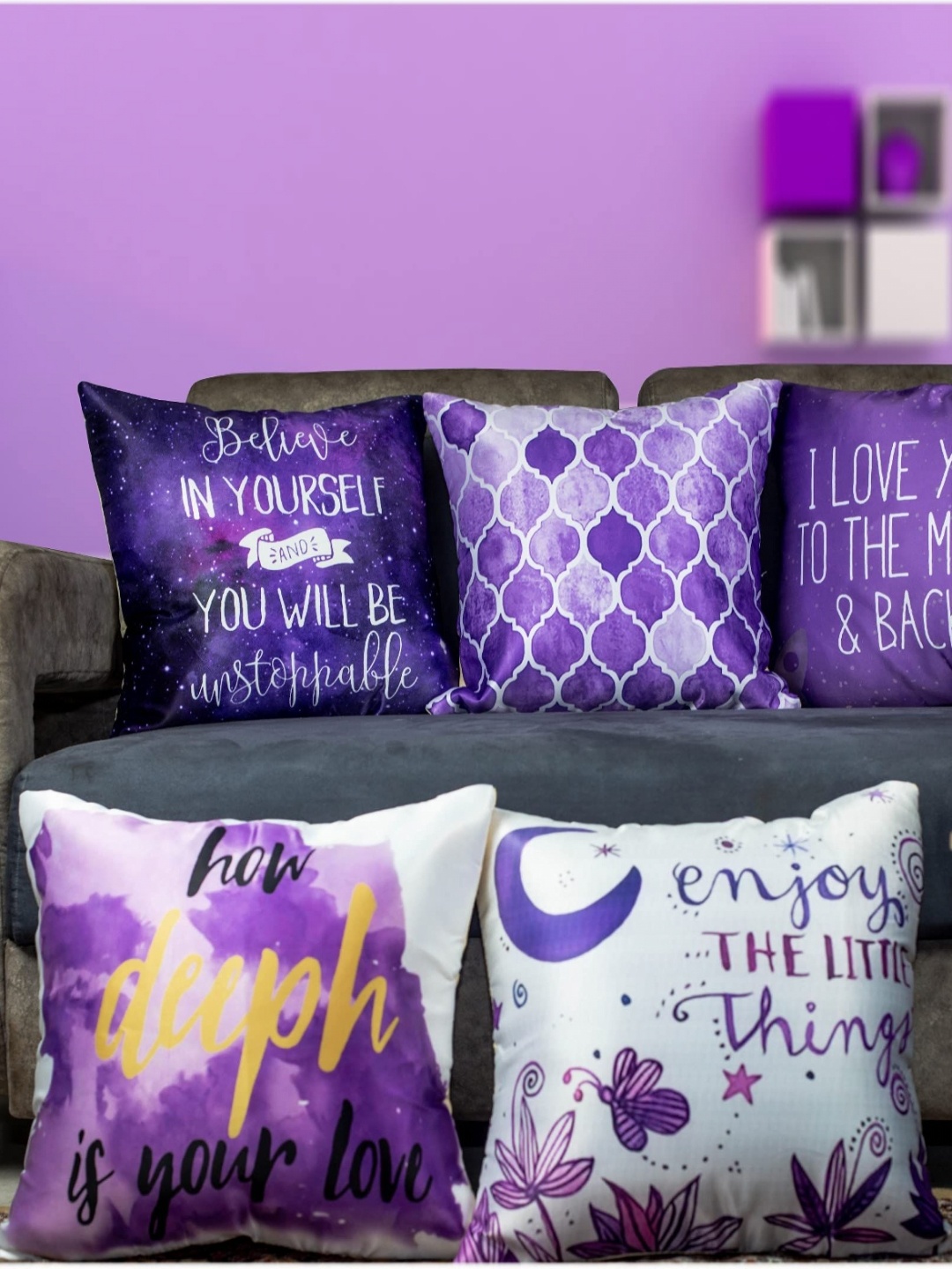 

Vendola White & Purple 5 Pieces Quirky Square Cushion Covers