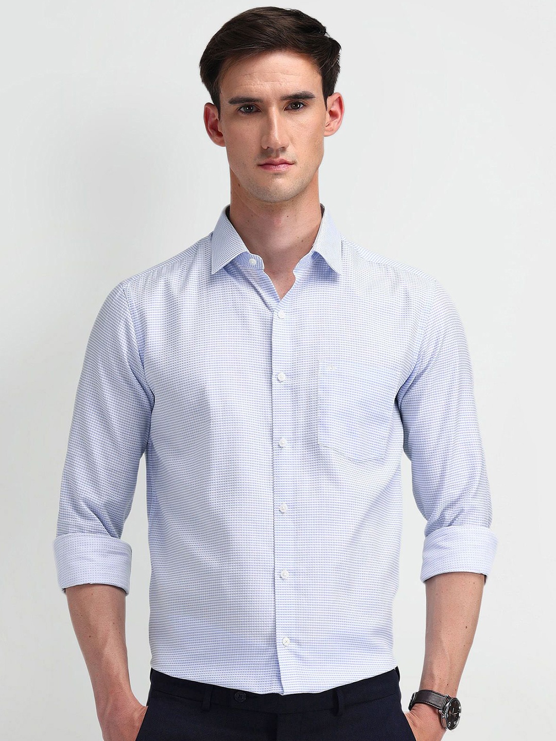 

Arrow Men Modern Slim Fit Micro Checks Opaque Printed Formal Shirt, Blue