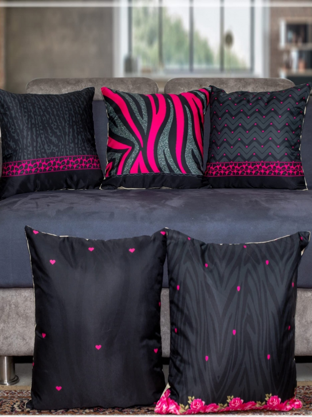 

Vendola Black & Pink 5 Pieces Abstract Printed Square Cushion Covers