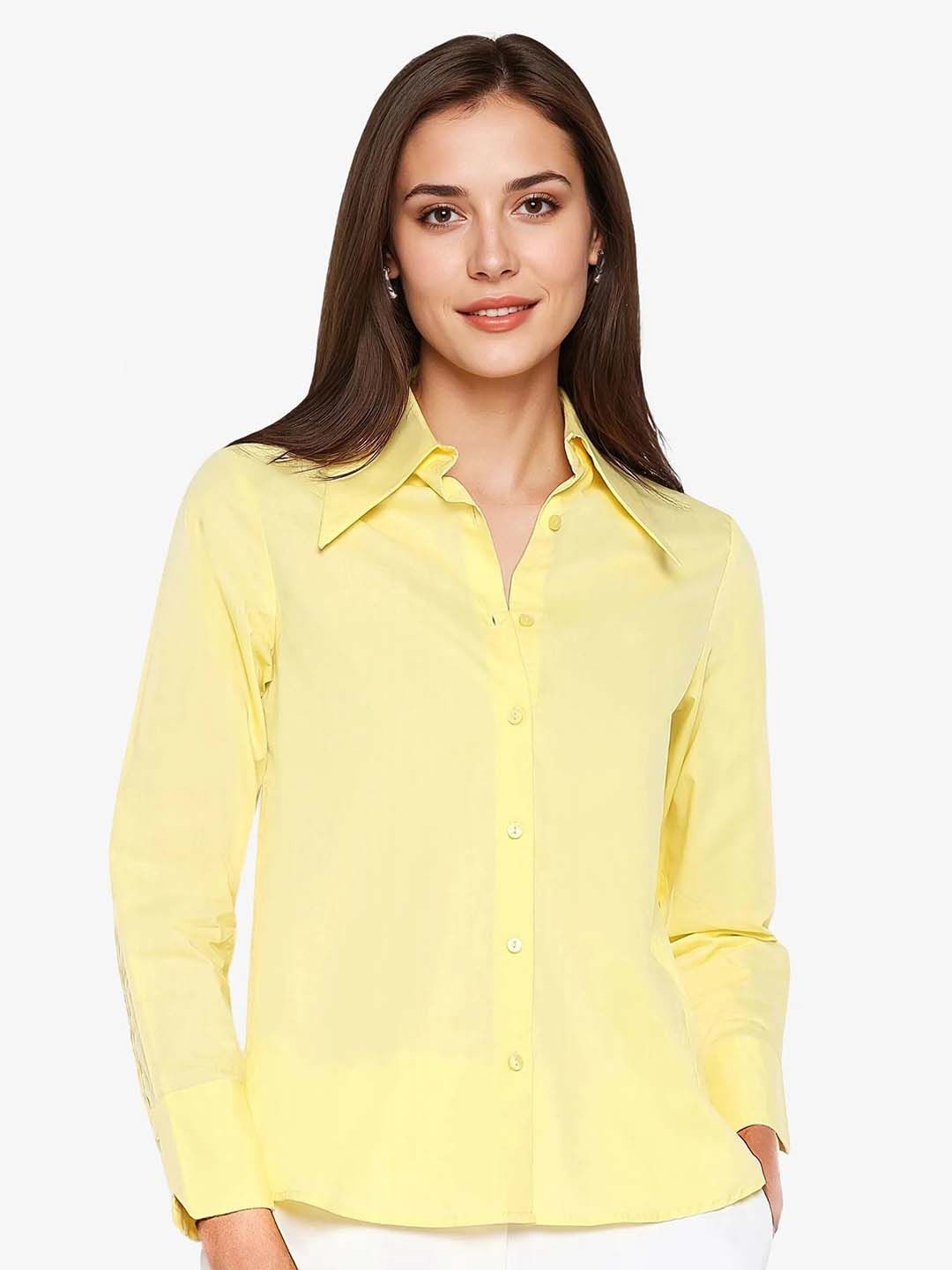 

RAREISM Women Solid Shirt Collar Cotton Top, Yellow