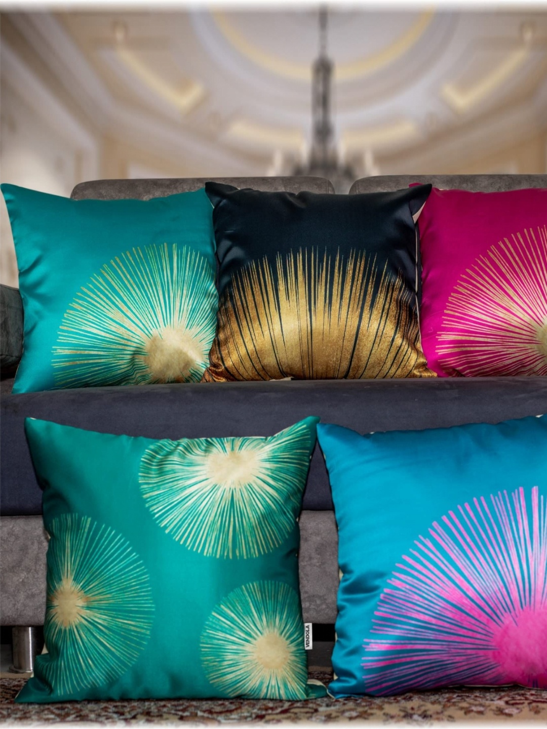 

Vendola Blue & Black 5 Pieces Abstract Printed Satin Square Cushion Covers