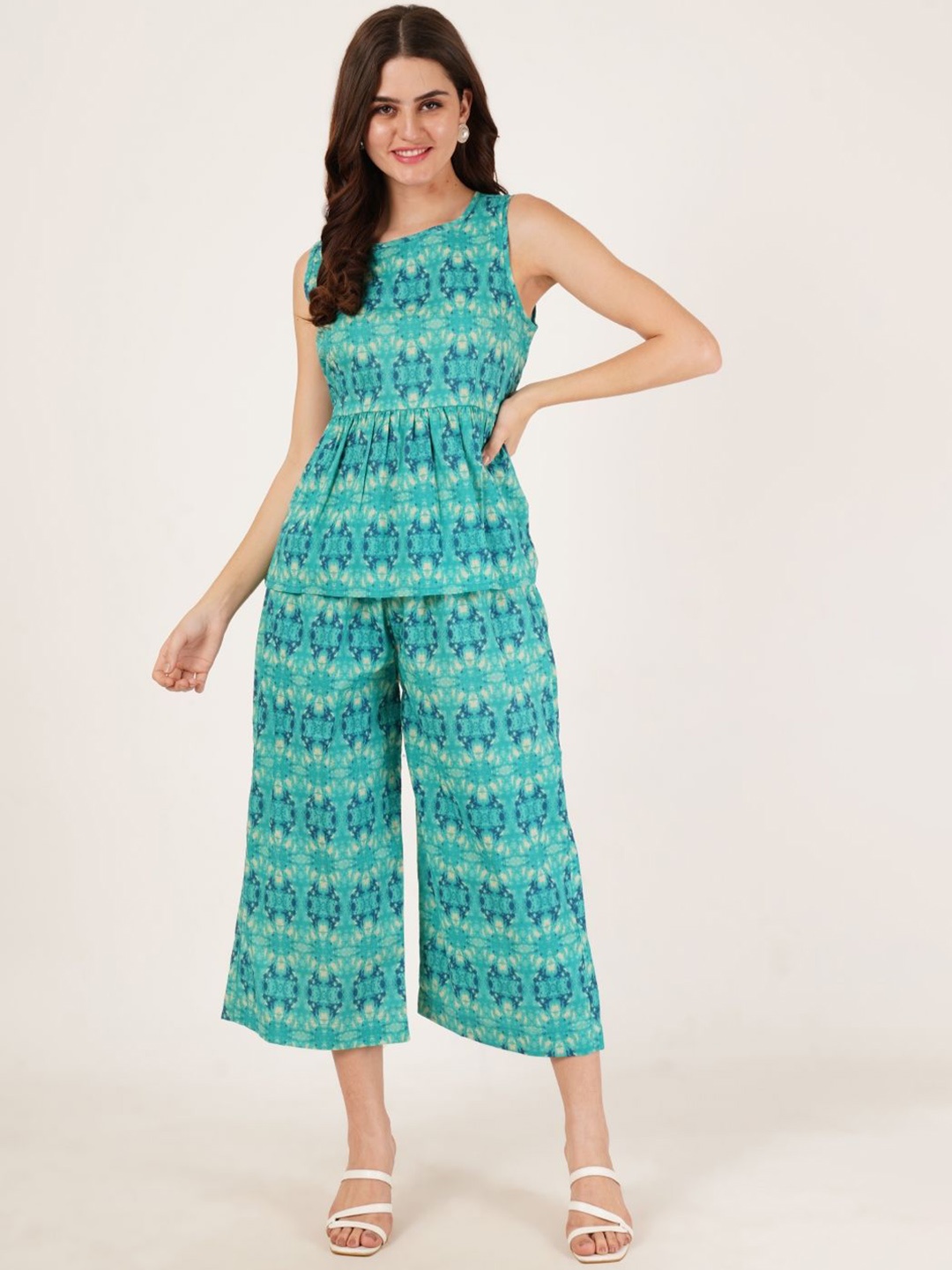

COTLAND FASHION Printed Pure Cotton Tunic With Trouser Co-Ords, Turquoise blue