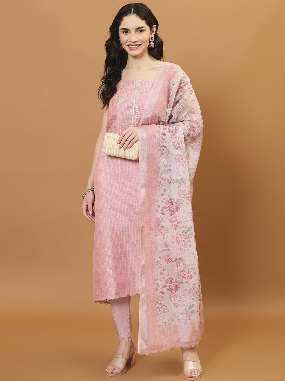 

Meena Bazaar Embroidered Art Silk Unstitched Dress Material, Pink