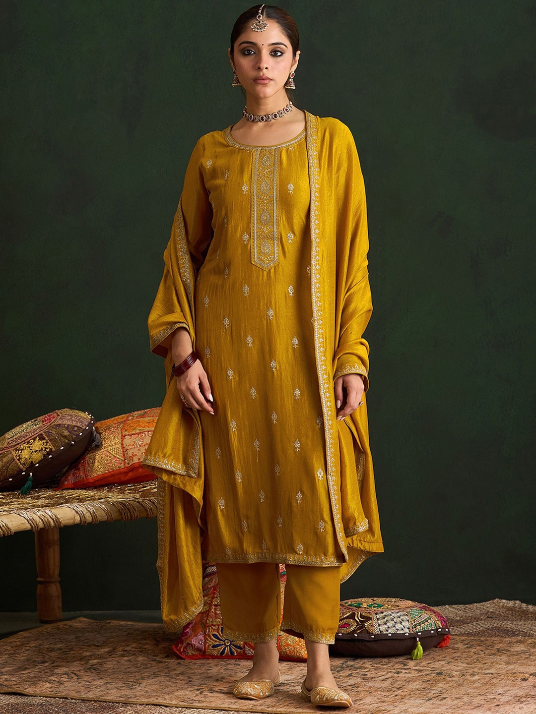 

Indo Era Women Embroidered Regular Sequinned Kurta with Trousers & With Dupatta, Yellow