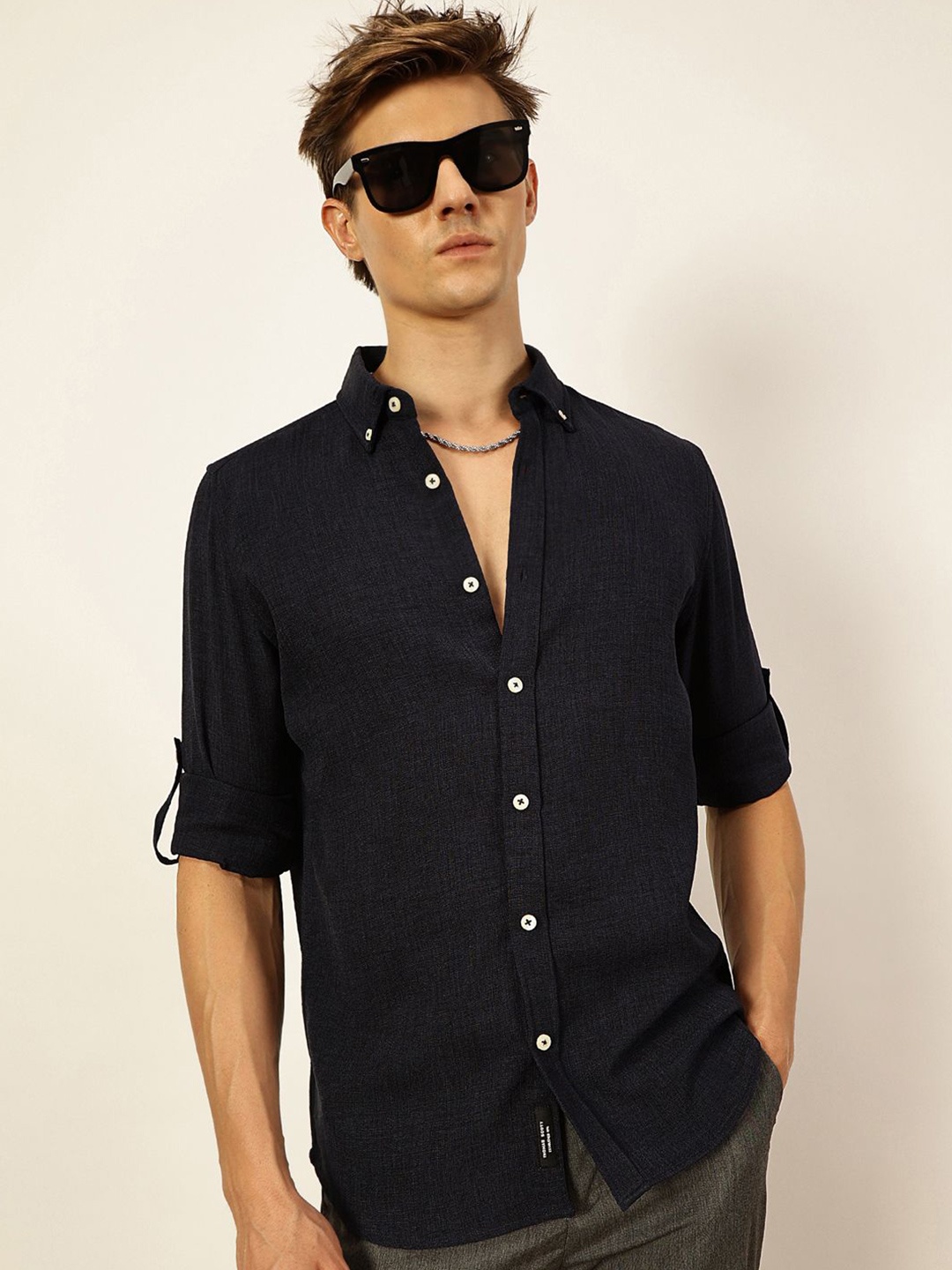 

Thomas Scott Men Premium Button-Down Collar Solid Linen Casual Shirt, Navy blue