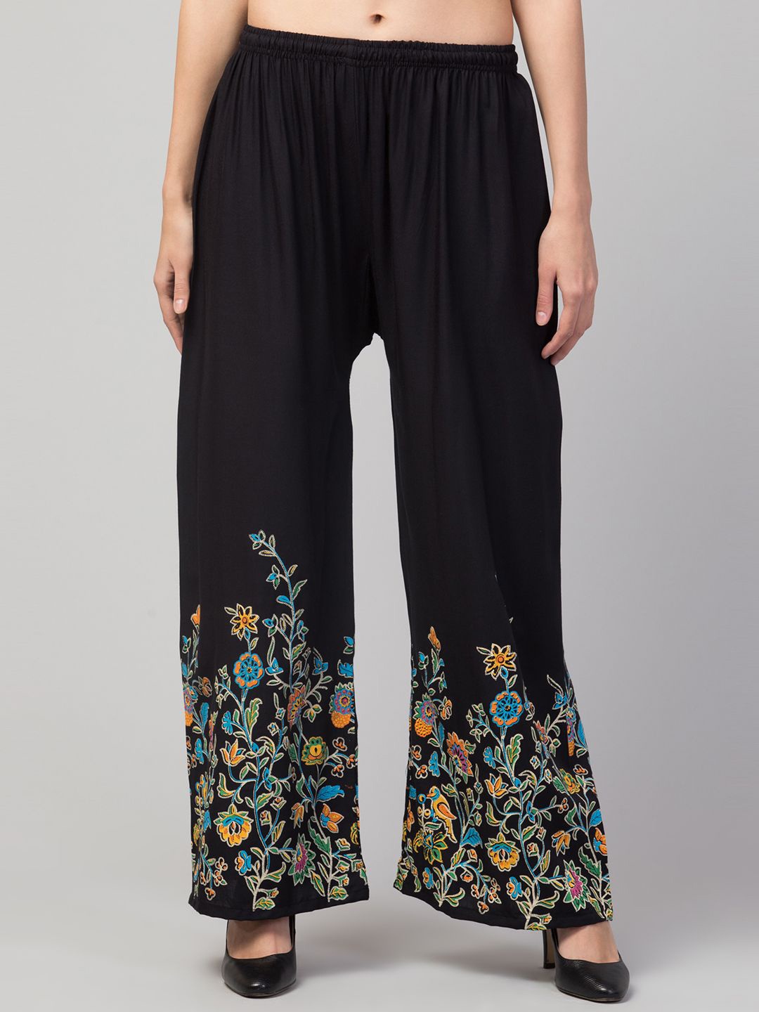 

FAMBEE Women Ethnic Motifs Printed Flared Knitted Palazzos, Black