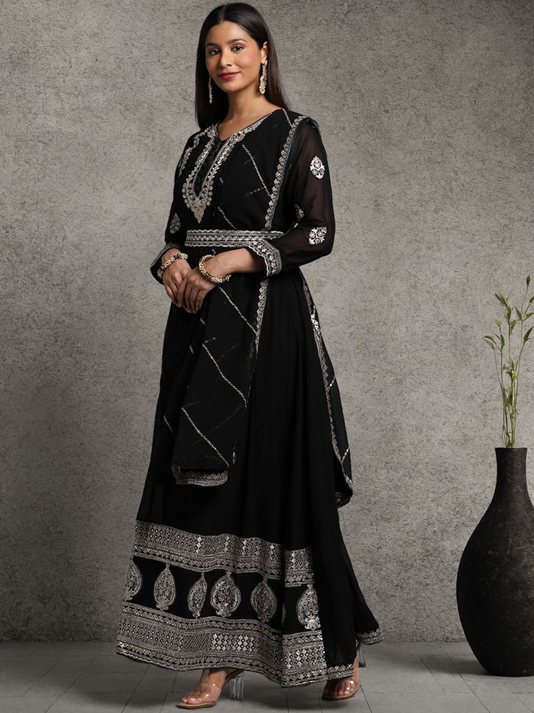 

Miss Ethnik Embroidered Maxi Ethnic Dress With Dupatta, Black