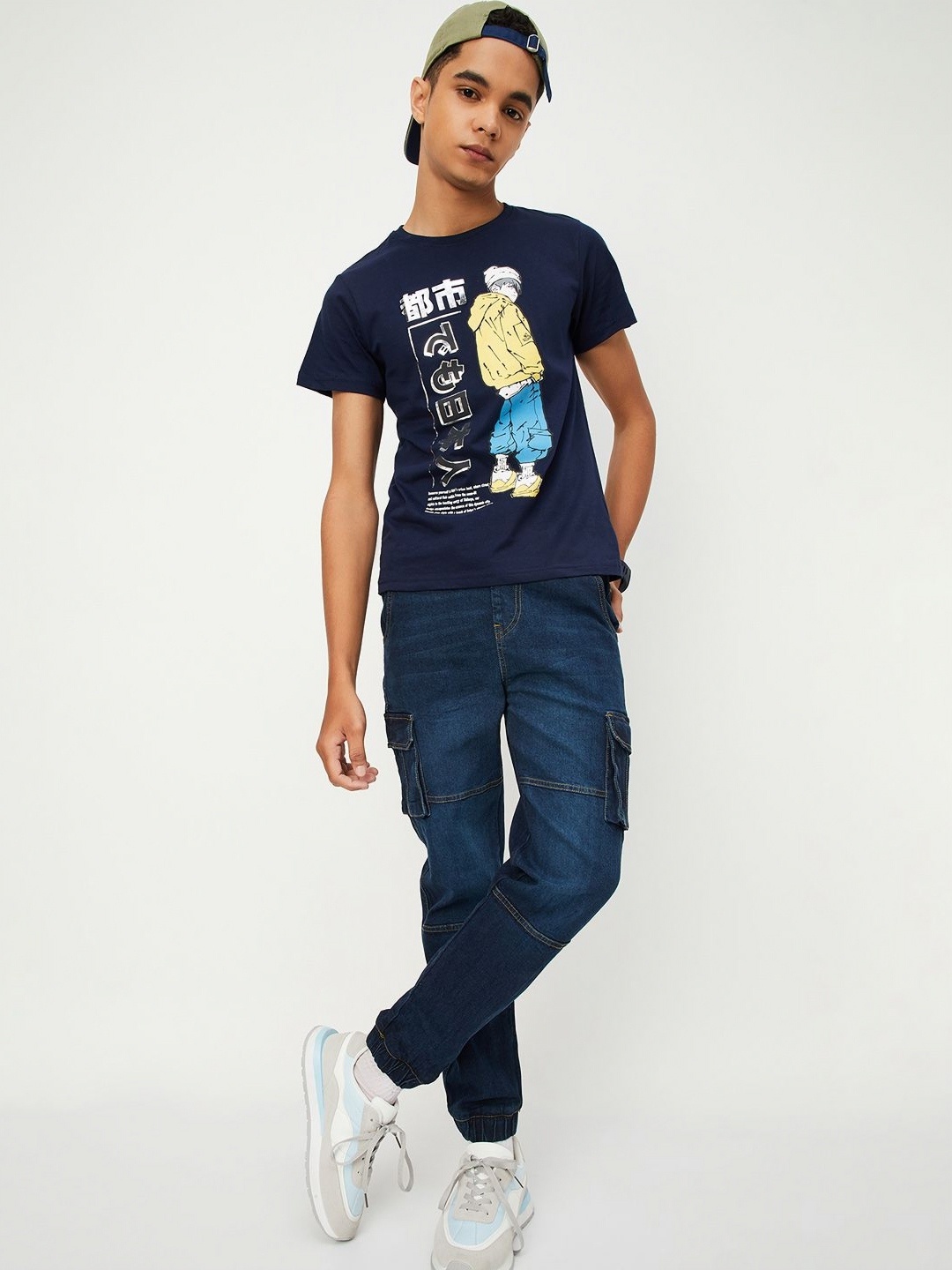 

max Boys Printed Cotton Raw Edge T-shirt, Navy blue