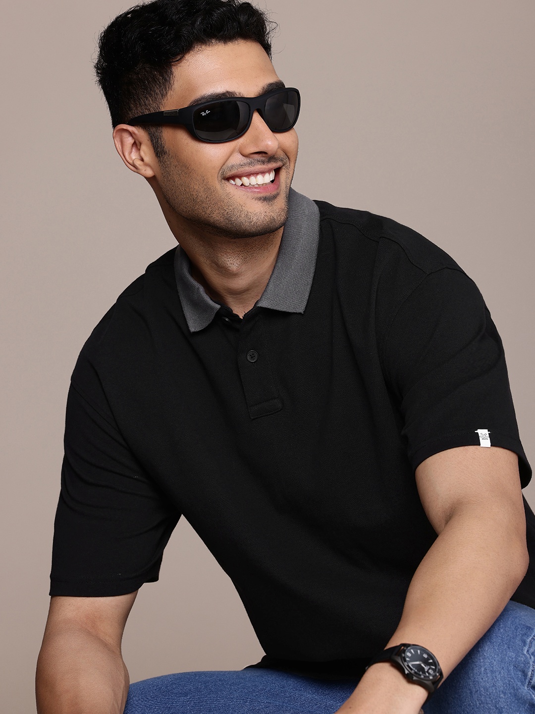 

WROGN Polo Collar Pure Cotton Drop Shoulder Oversized T-shirt, Black