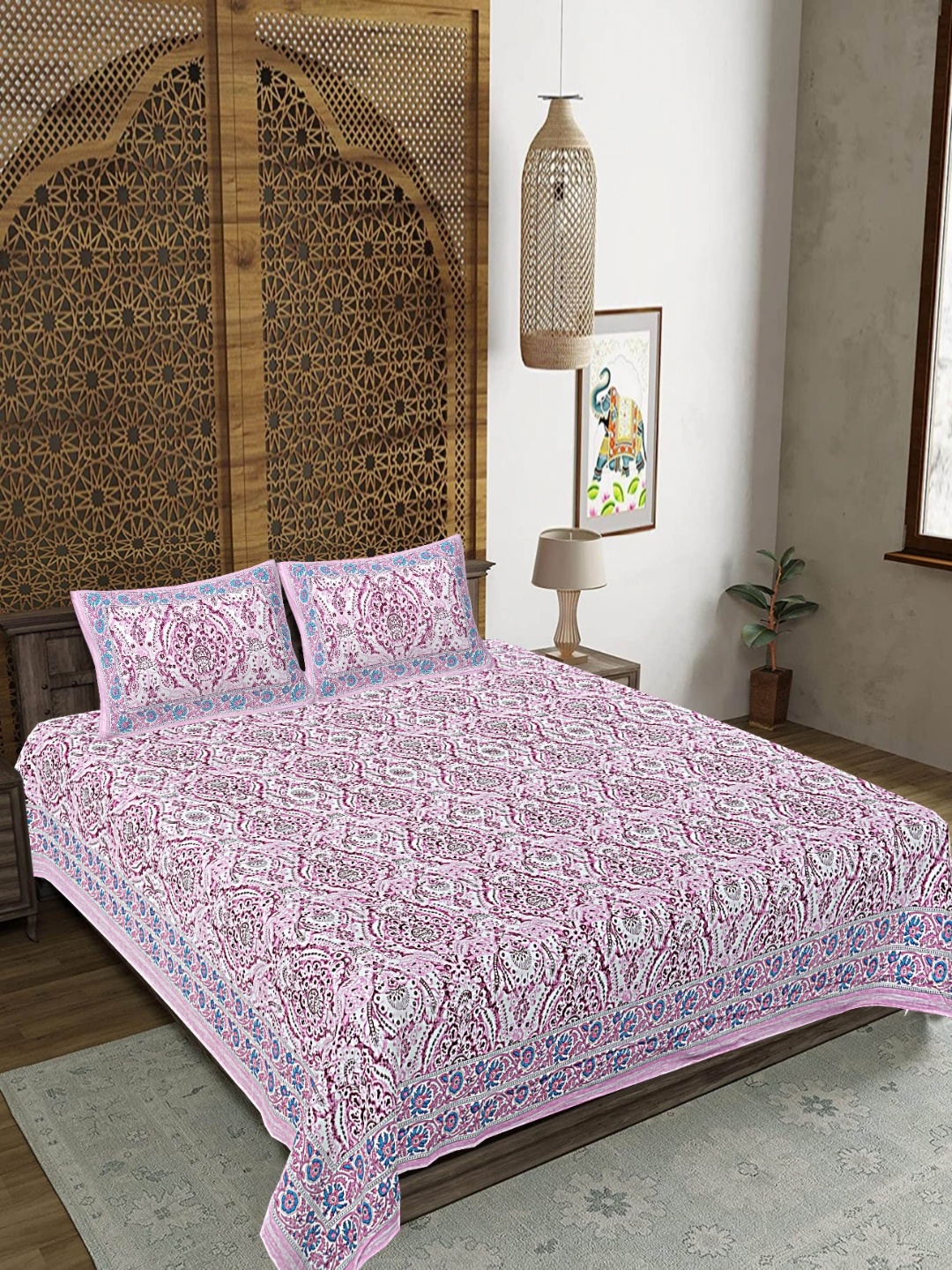 

FrionKandy Living Pink & Blue Ethnic Motifs 180 TC King Bedsheet With 2 Pillow Covers