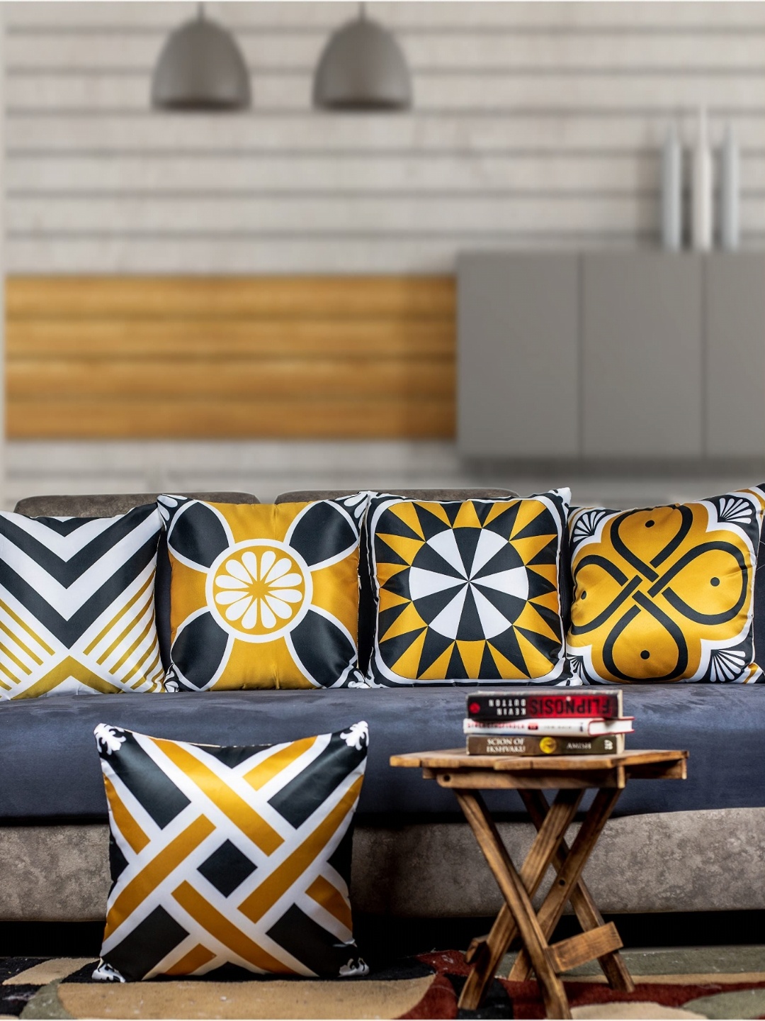 

Vendola Yellow & Black 5 Pieces Geometric Printed Satin Square Cushion Covers