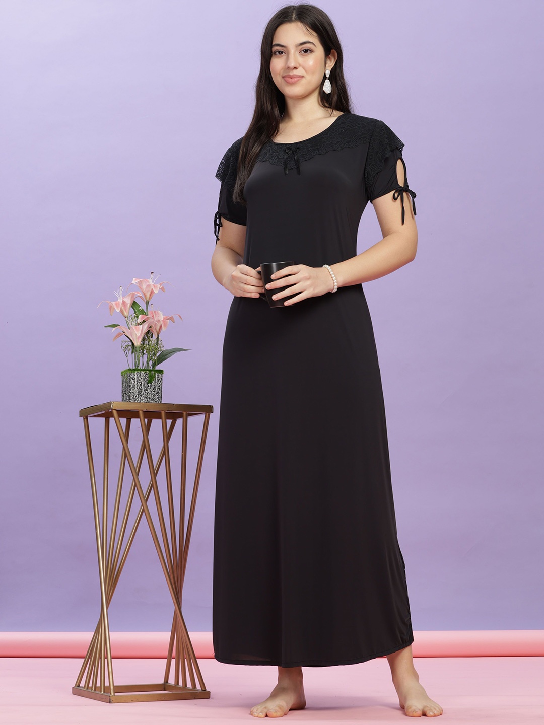 

9shines Label Round Neck Maxi Nightdress, Black