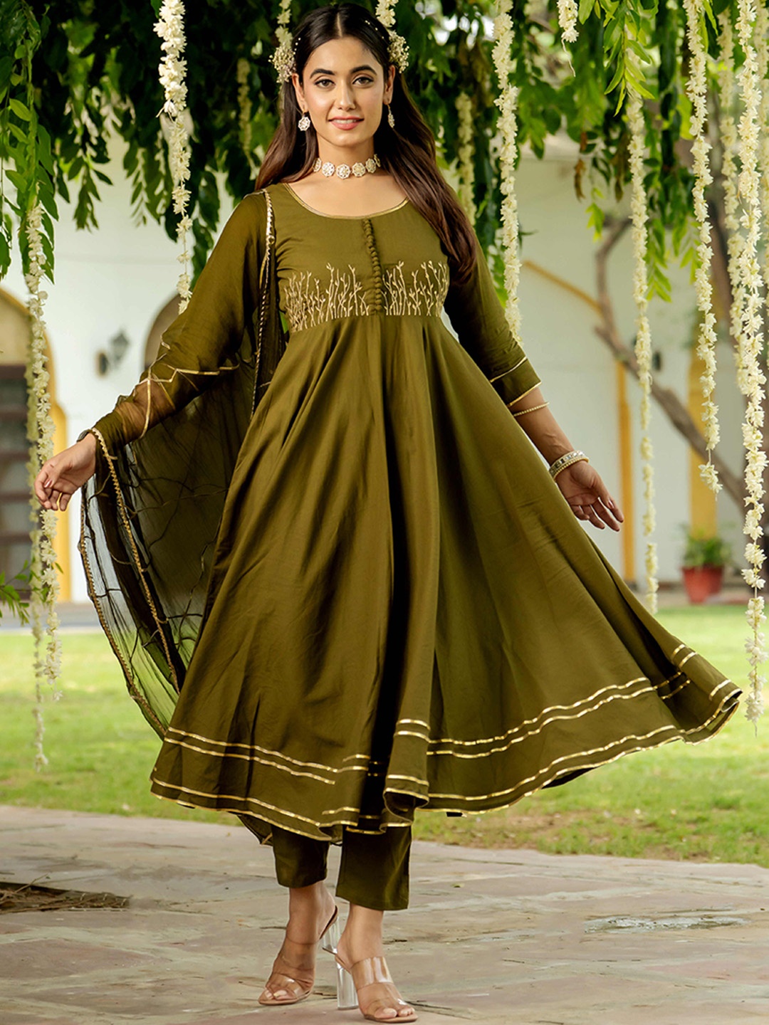 

GAYRAA Women Embroidered Regular Aari Work Pure Cotton Kurta with Trousers & With Dupatta, Olive