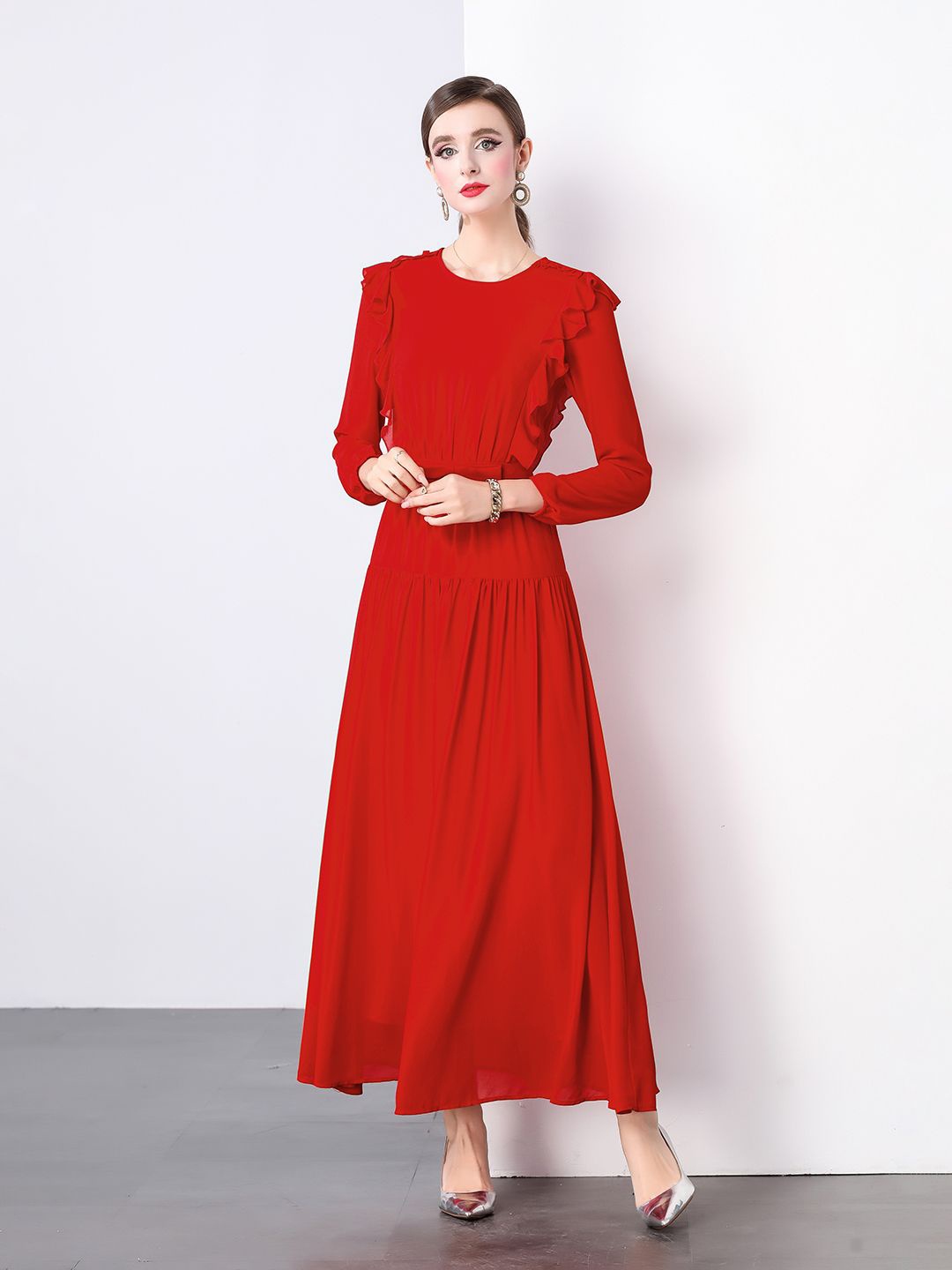 

JC Collection Women Round Neck Long Sleeves Maxi Dress, Red