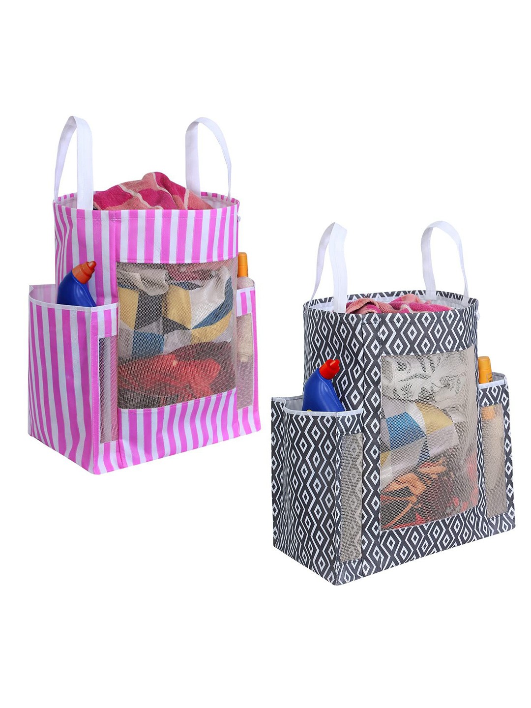 

prettykrafts Pink & White 2 Pieces Printed Laundry Bag 45L, Black