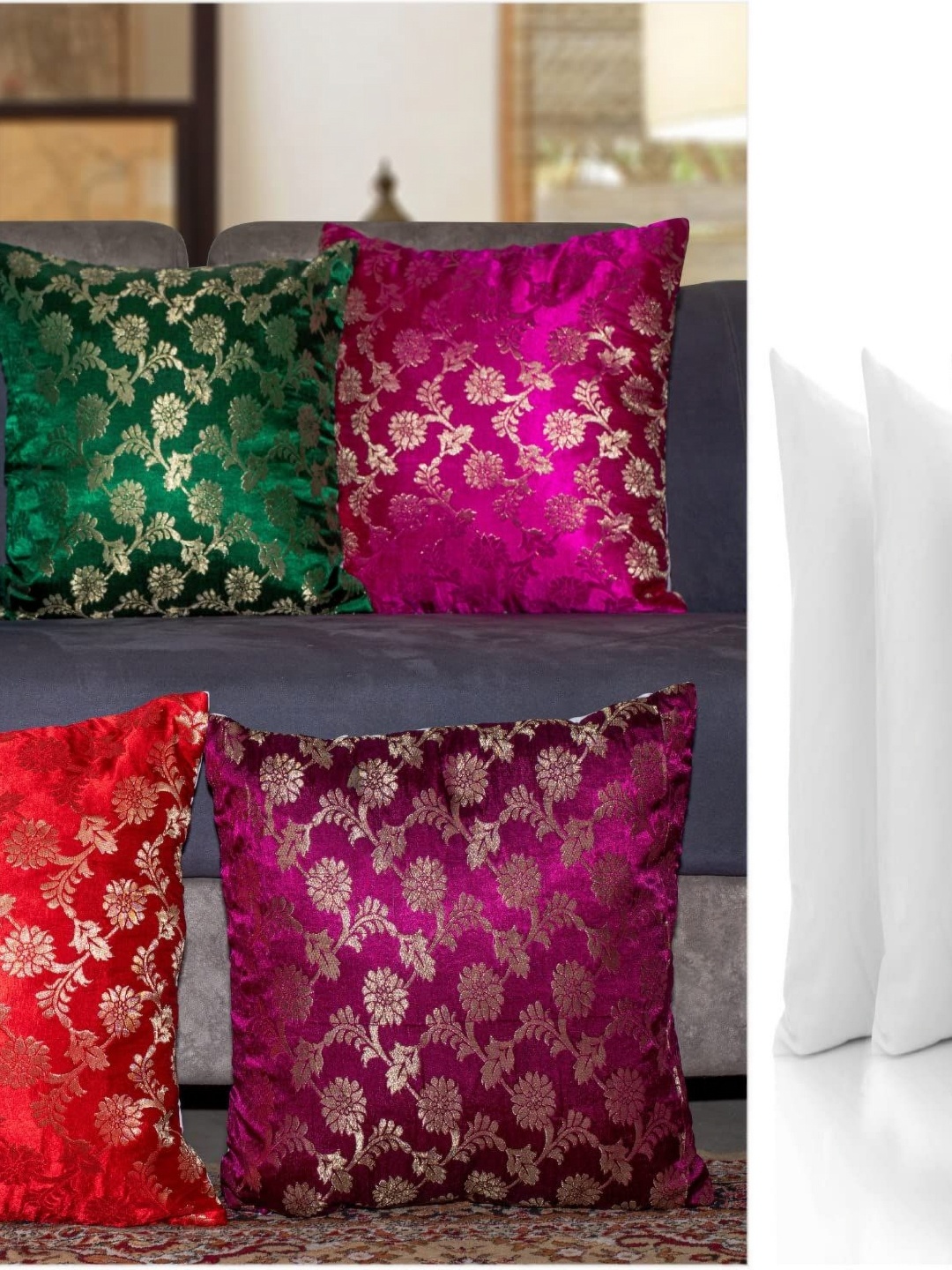 

Vendola Blue & Green 5 Pieces Floral Woven Design Banarasi Silk Square Cushion Covers